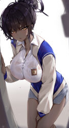 Rule 34 | 1girl, absurdres, black hair, blue archive, blue jacket, blue skirt, blush, breasts, collared shirt, dark-skinned female, dark skin, hair bun, halo, highres, indonesian high school uniform, jacket, karin (blue archive), large breasts, long sleeves, looking at viewer, multicolored clothes, multicolored jacket, parted lips, school uniform, shirt, sidelocks, skirt, solo, sstthei, two-tone jacket, upper body, white jacket, white shirt, yellow eyes
