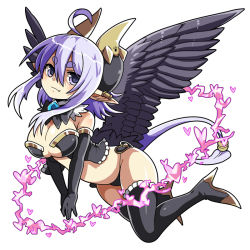 Rule 34 | 1girl, ahoge, black thighhighs, blush, breasts, demon girl, demon horns, demon tail, elbow gloves, eteru (mofuaki), eyebrows, feathered wings, gloves, heart, horns, large breasts, mofuaki, original, purple eyes, purple hair, simple background, solo, tail, thighhighs, white background, wings