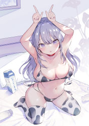 Rule 34 | 1girl, :o, absurdres, animal print, armpits, arms up, bed, blush, bottle, breasts, collar, cow girl, cow print, cow print bikini, cow tail, fake tail, groin, hand gesture, highres, horns pose, indoors, kneeling, large breasts, long hair, looking at viewer, milk bottle, milk carton, miya9, navel, neckwear request, on bed, open mouth, original, patterned legwear, pillow, plant, pointing, pointing up, print bikini, purple eyes, purple hair, red collar, sidelocks, skindentation, solo, tail, thick thighs, thighhighs, thighs, undersized clothes, wide hips