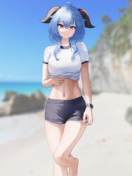 Rule 34 | 1girl, ahoge, alternate breast size, alternate costume, bare legs, blue hair, blue sky, blurry, blurry background, commentary, day, ganyu (genshin impact), genshin impact, grey shorts, hair between eyes, highres, horns, lit for 20, long hair, looking at viewer, midriff, navel, outdoors, shirt, short shorts, short sleeves, shorts, sky, smile, solo, standing, standing on one leg, stomach, thighs, white shirt, yellow eyes