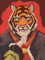 Rule 34 | 1boy, :p, adjusting clothes, adjusting necktie, animal ears, bara, fortnite, furry, furry male, highres, looking at viewer, male focus, mature male, mawl (mawlussy), necktie, orange fur, oscar (fortnite), portrait, short hair, solo, straight-on, tiger boy, tiger ears, tongue, tongue out, vest, white fur