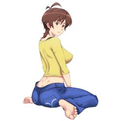 Rule 34 | 00s, 1girl, amaha masane, ass, back, barefoot, breasts, brown hair, butt crack, denim, feet, female focus, foot focus, jeans, kazunari, large breasts, mature female, pants, rakugake, sideboob, simple background, sitting, soles, solo, toes, white background, witchblade