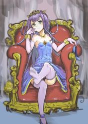 Rule 34 | 10s, 1girl, bracelet, dong (wandong44944), dress, elbow gloves, feet, gloves, green eyes, highres, holding, holding shoes, jewelry, leg up, long hair, looking at viewer, necklace, outbreak company, petralka anne eldant iii, princess, purple hair, purple thighhighs, red upholstery, shoes, single shoe, sitting, smile, thighhighs, throne, tiara