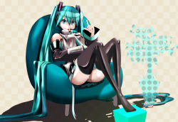 Rule 34 | 1girl, aqua eyes, aqua hair, chair, checkered background, detached sleeves, full body, fushichou, hatsune miku, headset, long hair, necktie, panties, pantyshot, pointing, sitting, skirt, solo, striped clothes, striped panties, thighhighs, twintails, underwear, upskirt, very long hair, vocaloid