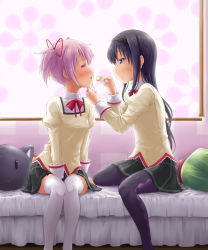Rule 34 | 10s, 2girls, :3, akemi homura, bed, blush, closed eyes, cookie, feeding, food, hairband, hand on another&#039;s chin, highres, juliet sleeves, kaname madoka, long hair, long sleeves, mahou shoujo madoka magica, mahou shoujo madoka magica (anime), mozan, multiple girls, open mouth, pantyhose, pillow, pink hair, profile, puffy sleeves, purple eyes, purple hair, school uniform, short twintails, sitting, smile, thighhighs, twintails, very long hair, white day, white legwear, window shadow, zettai ryouiki