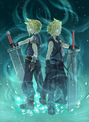 Rule 34 | 1990s (style), 1boy, armor, back-to-back, blonde hair, blue eyes, boots, cloud strife, dual persona, final fantasy, final fantasy vii, gloves, glowing, glowing eyes, highres, huge weapon, male focus, multiple persona, nekozuki yuki, pauldrons, ribbon, shoulder armor, sleeveless, solo, standing, sword, thigh strap, turtleneck, weapon, zipper