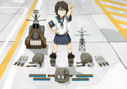 Rule 34 | 10s, 1girl, ammunition, black hair, blue skirt, brown eyes, commentary request, from above, hair between eyes, hand on own hip, kantai collection, knolling, kozou (rifa), looking at viewer, looking up, machinery, midriff, miyuki (kancolle), open mouth, school uniform, serafuku, short hair, short sleeves, skirt, smile, smokestack, solo, standing, teeth, torpedo, turret, v