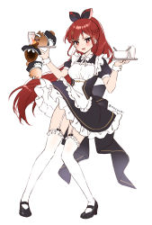 Rule 34 | 1girl, apron, black footwear, blush, braid, breasts, bright pupils, clothes lift, dress, french braid, frilled dress, frilled skirt, frilled thighhighs, frills, full body, garter straps, hairband, high heels, highres, leaning back, long hair, looking at viewer, maid, medium breasts, open mouth, original, ponytail, puffy short sleeves, puffy sleeves, rabbit, red eyes, red hair, rosuuri, short dress, short sleeves, simple background, sketch, skirt, skirt lift, solo, swept bangs, thighhighs, tray, tsurime, very long hair, waitress, white background, white thighhighs, wrist cuffs, zettai ryouiki