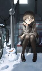 Rule 34 | 1girl, absurdres, bag, bicycle, black footwear, black pantyhose, black scarf, black skirt, blue bag, blue eyes, blush, branch, brown hair, brown sweater, carrot, cheek rest, closed mouth, elbow rest, full body, hair behind ear, hand on own chin, highres, knees together feet apart, light particles, loafers, long hair, long sleeves, looking to the side, original, outdoors, pantyhose, scarf, school bag, school uniform, shadow, shoes, sidelocks, sitting, sitting on stairs, skirt, smile, snow, snowman, solcha, solo, stairs, sweater, winter, winter clothes