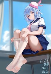Rule 34 | 1girl, absurdres, blue eyes, blue hair, blue sailor collar, blue skirt, blurry, blurry background, blush, clothes pull, commentary request, commission, desk, fanteam, feet, from below, haiyi, highres, knees up, legs, legs up, light blue hair, looking at viewer, necktie, on desk, pantyhose, pantyhose pull, pink necktie, pleated skirt, sailor collar, school desk, school uniform, sitting, skirt, smile, soles, solo, synthesizer v, thank you, thighs, toes, undressing, vocaloid, white pantyhose