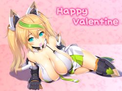 Rule 34 | 1girl, asamura hiori, bare shoulders, belt, black gloves, black panties, blonde hair, blush, breast press, breasts, cleavage, closed mouth, collarbone, detached collar, eyebrows, eyelashes, food in mouth, full body, gene (pso2), gloves, green hair, hair between eyes, hair ornament, happy valentine, headgear, heart, highres, large breasts, long hair, looking at viewer, lying, miniskirt, mouth hold, multicolored hair, on side, panties, panty straps, phantasy star, phantasy star online 2, pink background, pleated skirt, shadow, skirt, smile, solo, strap slip, streaked hair, thighhighs, twintails, underwear, valentine
