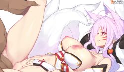Rule 34 | 1boy, 1girl, animal ear fluff, animal ears, ara haan, ara han, ara han (celestial fox), arm guards, bare shoulders, black socks, breasts, censored, detached sleeves, elsword, eun (elsword), facial mark, fat, fat man, fox ears, fox girl, fox tail, from side, hair bobbles, hair ornament, happy sex, head out of frame, hetero, highres, japanese clothes, kimono, kitsune, kneehighs, kyuubi, large breasts, leg grab, leg lift, long hair, lying, missionary, mosaic censoring, multiple tails, nail polish, nipples, obi, on back, parted lips, penis, pussy, red eyes, red nails, revealing clothes, sash, sex, smile, smirk, socks, solo focus, spread legs, tail, thighs, vaginal, very long hair, white hair, white kimono, yanje