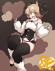 Rule 34 | agawa ryou, ambiguous gender, black thighhighs, brown hair, character name, goat horns, goat tail, horns, open mouth, original, short hair, simple background, smile, solo, tail, thighhighs, yellow eyes