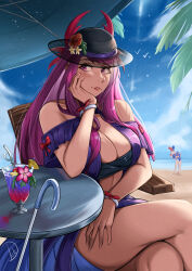 Rule 34 | 2girls, absurdres, alear (female) (fire emblem), alear (fire emblem), alternate hairstyle, bare shoulders, beach, black headwear, blue hair, blue one-piece swimsuit, blue sky, blush, breasts, cleavage, cloud, commentary, cup, day, deliciousbrain, drinking glass, drinking straw, female focus, fire emblem, fire emblem engage, fire emblem heroes, flower, hand up, hat, hat flower, highres, ivy (fire emblem), ivy (summer) (fire emblem), large breasts, long hair, looking at viewer, matching hair/eyes, mole, mole under mouth, multicolored hair, multiple girls, nintendo, official alternate costume, one-piece swimsuit, parted lips, purple eyes, purple hair, red flower, red hair, see-through, signature, sitting, sky, smile, swimsuit, table, thighs, tropical drink, two-tone hair, very long hair