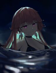 Rule 34 | 1girl, absurdres, afloat, bikini, black bikini, black choker, breasts, choker, colored inner hair, commentary, english commentary, green hair, highres, hololive, hololive english, large breasts, light smile, long hair, looking at viewer, m3ru, multicolored hair, night, night sky, ocean, orange hair, outdoors, parted lips, partially submerged, purple eyes, revision, sky, solo, swimsuit, takanashi kiara, virtual youtuber, water