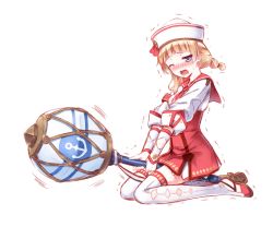 Rule 34 | 1girl, anchor, arena clerk (monster hunter 3 ultimate), bad id, bad pixiv id, between legs, blonde hair, blue eyes, blush, capcom, crotch rub, dixie cup hat, female masturbation, full body, hat, hiten (hitenkei), kneeling, masturbation, military hat, monster hunter, monster hunter (series), monster hunter 3 g, open mouth, pussy juice, sailor, sailor collar, sailor hat, saliva, simple background, skirt, solo, staff, thighhighs, trembling, white background, white thighhighs, wince