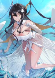 Rule 34 | 1girl, absurdres, antlers, azur lane, black hair, breasts, cleavage, cleavage cutout, clothing cutout, detached sleeves, dress, flower, foot out of frame, gloves, green eyes, hair between eyes, hair flower, hair ornament, half gloves, high heels, highres, horns, indomitable (azur lane), light blush, long hair, looking at viewer, necktie, no panties, revealing clothes, sankyo (821-scoville), see-through, see-through dress, sidelocks, solo, thighs, very long hair, water, white gloves