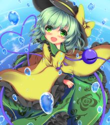 Rule 34 | 1girl, :d, black hat, blush, bow, buttons, collar, colored eyelashes, eyebrows, floral print, frilled collar, frilled shirt collar, frills, from above, green eyes, green hair, green skirt, hat, hat bow, heart, heart of string, highres, komeiji koishi, long skirt, long sleeves, looking at viewer, looking up, matching hair/eyes, open mouth, shirt, skirt, smile, solo, string, tareme, touhou, unory, wading, water, water drop, wide sleeves, yellow bow, yellow shirt