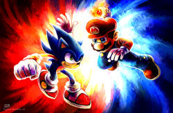 Rule 34 | 2boys, animal, battle, blue background, blue eyes, boots, crossover, facial hair, fire, fireball, gloves, green eyes, hat, male focus, mario, mario (series), multiple boys, mustache, nintendo, red background, rivalry, rivals, sega, shoes, sneakers, sonic the hedgehog, sonic (series), super mario bros. 1, suspenders, vs