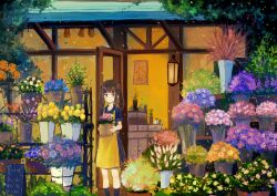 Rule 34 | 1girl, absurdres, apron, axleaki, black socks, blue dress, blue flower, blush, brown eyes, brown hair, building, closed mouth, commentary, dress, falling petals, feet out of frame, florist, flower, highres, holding, hydrangea, looking at viewer, medium hair, orange flower, original, outdoors, petals, pink flower, pleated dress, scenery, short sleeves, sign, socks, solo, standing, sunflower, tree, yellow apron, yellow flower