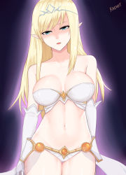 Rule 34 | 1girl, bare shoulders, blonde hair, breasts, janna (league of legends), large breasts, league of legends, long hair, looking at viewer, midriff, navel, parted lips, pointy ears, solo, standing