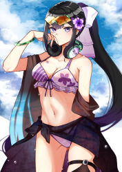 Rule 34 | 1girl, alternate costume, bikini, black shawl, blue archive, bow, breasts, closed mouth, clothes around waist, cloud, collarbone, day, eyewear on head, floral print, flower, frilled bikini, frills, front-tie top, green-framed eyewear, hair bow, hair flower, hair ornament, hand up, headphones, headphones around neck, highres, light blush, long hair, looking at viewer, medium breasts, navel, orange-tinted eyewear, ponytail, print bikini, purple bikini, purple eyes, purple flower, saco (cgmore), shawl, sky, solo, sports sunglasses, sumire (blue archive), sunglasses, swimsuit, tinted eyewear, violet (flower), wet