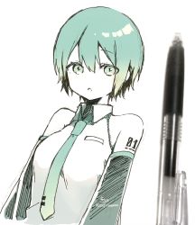 Rule 34 | 1girl, :o, alternate hair length, alternate hairstyle, art tools in frame, bare shoulders, black sleeves, breasts, collared shirt, commentary request, detached sleeves, green eyes, green hair, green necktie, hair between eyes, hatsune miku, highres, long sleeves, looking at viewer, necktie, parted lips, photo (medium), shirt, signature, simple background, sleeveless, sleeveless shirt, small breasts, sofra, solo, tie clip, traditional media, twitter username, vocaloid, white background