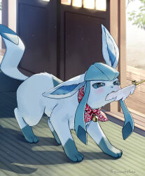 Rule 34 | all fours, artist name, bandana, bandana around neck, bell, blue fur, body fur, cat teaser, creatures (company), game freak, gen 4 pokemon, glaceon, highres, indoors, kaminokefusa, motion lines, mouth hold, neck bell, nintendo, pokemon, pokemon (creature), red bandana, shadow, solo