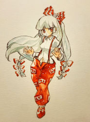 Rule 34 | 1girl, bow, closed mouth, collared shirt, commentary, fujiwara no mokou, full body, hair bow, hands up, key747h, long hair, long sleeves, looking at viewer, navel, ofuda, ofuda on clothes, painting (medium), pants, red bow, red eyes, red footwear, red pants, shirt, solo, suspenders, touhou, traditional media, two-tone bow, very long hair, watercolor (medium), white bow, white hair, white shirt
