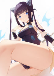Rule 34 | 1girl, absurdres, ass, bare shoulders, blue eyes, blunt bangs, breasts, chinese clothes, cleavage, closed mouth, commentary request, detached sleeves, dutch angle, fate/grand order, fate (series), from below, highres, huge filesize, long hair, medium breasts, purple hair, smile, solo, thighs, toki (1243309499), twintails, yang guifei (fate), yang guifei (second ascension) (fate)