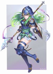 Rule 34 | 1girl, absurdres, armor, artist name, blue armor, blue eyes, blue footwear, boots, breastplate, burnt green tea, fire emblem, fire emblem: path of radiance, fire emblem: radiant dawn, fire emblem heroes, gold trim, green hair, highres, holding, holding polearm, holding shield, holding weapon, looking at viewer, nephenee (fire emblem), nintendo, polearm, shield, simple background, skirt, smile, solo, thigh boots, weapon, white skirt
