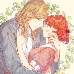 Rule 34 | 1boy, 1girl, blonde hair, blunt bangs, blush, bob cut, bow, braid, camus (uta no prince-sama), closed eyes, closed mouth, collared shirt, couple, dress, dress shirt, floral background, flower, grey jacket, hair bow, half up braid, hand in another&#039;s hair, hand on another&#039;s chest, hetero, hug, jacket, jewelry, lapels, long sleeves, medium hair, nanami haruka, open collar, orange hair, parted lips, pink dress, profile, puffy short sleeves, puffy sleeves, red bow, ring, rose, shawl lapels, shirt, short hair, short sleeves, smile, swept bangs, tubame-hien, upper body, uta no prince-sama, wedding ring, white shirt, yellow background, yellow eyes, yellow flower, yellow rose