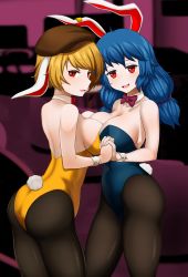 Rule 34 | 2girls, absurdres, alternate costume, blonde hair, blue hair, blue leotard, bow, bowtie, breast press, breasts, brown headwear, cabbie hat, cleavage, detached collar, earclip, floppy ears, hat, highres, holding hands, indoors, large breasts, leotard, long hair, looking at viewer, low twintails, multiple girls, open mouth, pantyhose, playboy bunny, rabbit girl, rabbit tail, red bow, red bowtie, red eyes, ringo (touhou), seiran (touhou), short hair, smile, symmetrical docking, tail, touhou, twintails, yellow leotard, zawapirori