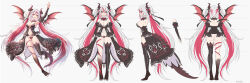 Rule 34 | 1girl, black dress, breasts, cleavage, dragon girl, dragon tail, dress, gluteal fold, highres, horns, large breasts, long hair, looking at viewer, multicolored hair, open mouth, pafekui, red eyes, red hair, revealing clothes, sexy mystic survivors, sharp toenails, simple background, sketch, solo, streaked hair, tail, toenails, twintails, two-tone hair, very long hair, white background, white hair, wings