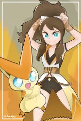Rule 34 | 1girl, absurdres, adjusting clothes, adjusting headwear, arciarcy, black shorts, blue eyes, brown hair, collarbone, creatures (company), crossed arms, fangs, game freak, gen 5 pokemon, highres, hilda (pokemon), hilda (sygna suit) (pokemon), legendary pokemon, looking at viewer, mythical pokemon, nintendo, official alternate costume, pokemon, pokemon (creature), pokemon masters ex, ponytail, shorts, smile, twitter username, victini