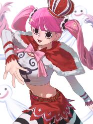 Rule 34 | 1girl, blunt bangs, breasts, crown, devil fruit, drill hair, ghost, highres, horo horo no mi, long hair, long sleeves, looking at viewer, medium breasts, one piece, open mouth, pantyhose, perona, pillow, pink hair, red skirt, simple background, sitting, skirt, smile, solo, stomach, striped clothes, striped pantyhose, twintails, urasanmyaku, very long hair, wariza, white background