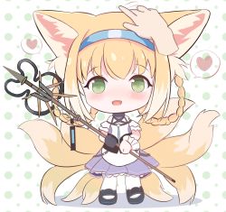 Rule 34 | 1girl, :d, animal ear fluff, animal ears, apron, arknights, bare shoulders, black footwear, black gloves, blonde hair, blouse, blue hairband, blush, braid, braided hair rings, chibi, commentary request, disembodied hand, fox ears, fox girl, fox tail, full body, gloves, green eyes, hair rings, hairband, headpat, heart, highres, holding, holding staff, infection monitor (arknights), kitsune, kyuubi, material growth, multicolored hair, multiple tails, open mouth, oripathy lesion (arknights), pantyhose, pleated skirt, purple skirt, rebaa, shirt, shoes, single glove, skirt, smile, solo focus, spoken heart, staff, suzuran (arknights), tail, twin braids, two-tone hair, waist apron, white apron, white hair, white pantyhose, white shirt