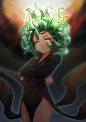 Rule 34 | 1girl, black dress, blue eyes, closed mouth, collarbone, covered navel, cowboy shot, crossed arms, dress, floating hair, green hair, highres, long hair, looking at viewer, one-punch man, smile, solo, spica (starlitworks), standing, tatsumaki