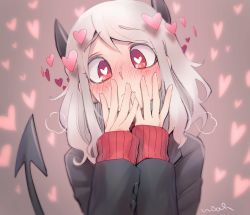 Rule 34 | 1girl, artist name, black horns, brown background, closed mouth, demon girl, demon tail, hands up, heart, heart-shaped pupils, heart background, helltaker, highres, horns, long sleeves, looking at viewer, modeus (helltaker), noah (tettsui-sole), red eyes, red sweater, ribbed sweater, short hair, solo, sweater, symbol-shaped pupils, tail, upper body, vest, white hair