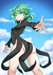 Rule 34 | 1girl, absurdres, ass, black dress, blue sky, breasts, cloud, cowboy shot, curly hair, darboo, day, dress, from behind, green eyes, green hair, highres, kneepits, long sleeves, looking at viewer, looking back, matching hair/eyes, one-punch man, reaching, reaching towards viewer, short hair, side slit, sky, small breasts, solo, standing, tatsumaki
