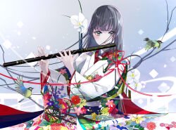 Rule 34 | 1girl, bird, floral print, flower, green eyes, grey hair, holding, holding instrument, instrument, japanese clothes, kimono, long hair, looking at viewer, mimoto s, obi, original, parted lips, pink flower, purple flower, red flower, red lips, red ribbon, ribbon, sash, solo, yellow flower