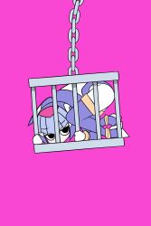 Rule 34 | 1girl, absurdres, black eyes, blue helmet, cage, chibi, derivative work, fairy leviathan (mega man), forehead jewel, highres, in cage, mega man (series), mega man zero (series), pink background, rabbit hole (vocaloid), simple background, solo, yozzzeh