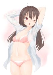 Rule 34 | 1girl, ahoge, alternate hairstyle, arms behind head, arms up, bad id, bad twitter id, bow, bow bra, bra, brown hair, cowboy shot, hakurei reimu, long hair, nise (  nise6  ), one eye closed, open clothes, open shirt, panties, pink background, pink bra, pink panties, red eyes, shirt, solo, touhou, underwear, white background, white shirt