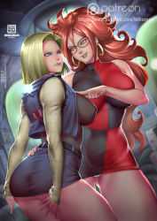 Rule 34 | 2girls, android, android 18, android 21, ass, bare shoulders, black-framed eyewear, blonde hair, blue eyes, bokuman, breasts, curly hair, detached sleeves, dragon ball, dragon ball fighterz, dragonball z, dress, earrings, glasses, hip focus, hoop earrings, huge breasts, jewelry, long hair, multicolored clothes, multicolored dress, multiple girls, nail polish, panties, red hair, short hair, skirt, smile, thick thighs, thighs, underwear, wide hips, yuri