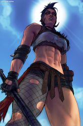 Rule 34 | 1girl, abs, asymmetrical clothes, axe, backlighting, belt, black shorts, blue hair, blue sky, braid, breasts, brown belt, commentary, cutoffs, day, elbow pads, english commentary, eyebrow piercing, facepaint, fingerless gloves, fishnet legwear, fishnets, from below, gloves, highres, holding, holding axe, holding weapon, junker queen (overwatch), leather belt, lip piercing, lips, medium breasts, meme, midriff, mildly muscular women think they&#039;re gods (meme), mohawk, multiple piercings, muscular, muscular female, navel, nose, orange eyes, overwatch, overwatch (series), overwatch 2, piercing, shorts, side braids, single elbow pad, single leg pantyhose, sky, solo, spikes, thick thighs, thighs, torn clothes, torn legwear, veins, veiny arms, wallace pires, weapon