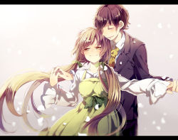 Rule 34 | 1boy, 1girl, :d, ^ ^, black hair, blush, bow, brown hair, closed eyes, couple, dress, floating hair, formal, gradient background, green dress, grey hair, hair over shoulder, hair ribbon, hand grab, happy, happy tears, hetero, holding hands, letterboxed, light smile, long hair, long sleeves, looking at viewer, low twintails, mugi (twinbox), necktie, nein (album), open mouth, outstretched arm, parted bangs, petals, ribbon, short hair, smile, sound horizon, suit, tears, twintails, very long hair, wide sleeves, yellow eyes