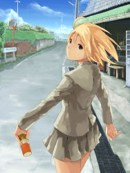 Rule 34 | 1girl, ahoge, blazer, blonde hair, brown eyes, can, canned coffee, cloud, crack, day, dress, drink, drink can, from behind, grass, hako (daibanchou), highres, jacket, looking at viewer, looking back, mirror, original, parted lips, pleated skirt, power lines, road, shop, short hair, skirt, sky, solo, street, traffic mirror, utility pole, vanishing point, vending machine