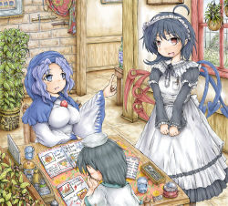 Rule 34 | 3girls, ahoge, alternate costume, apron, asymmetrical wings, black hair, blue eyes, blue hair, blush, bottle, breasts, chair, commentary request, covering own mouth, cup, cutlery, day, drinking glass, fork, hand over own mouth, hanging plant, hat, highres, hood, houjuu nue, index finger raised, indoors, knife, kumoi ichirin, large breasts, long sleeves, looking at another, looking at viewer, looking down, menu, multiple girls, murasa minamitsu, musical note, open mouth, pen in pocket, photo (object), plant, potted plant, red eyes, restaurant, sailor collar, sailor hat, short hair, short sleeves, sitting, smile, spoon, stifled laugh, sweatdrop, table, tablecloth, tile floor, tiles, touhou, tray, v arms, waitress, wide sleeves, window, wings, ys (ytoskyoku-57)