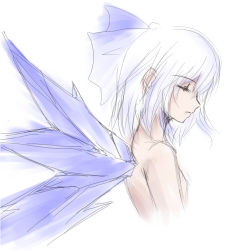 Rule 34 | 1girl, bow, cirno, fairy, female focus, gradient background, short hair, solo, touhou, upper body, white background, wings