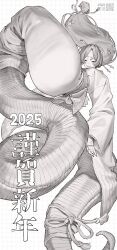 1girl 2025 :p artist_name ass chinese_zodiac falling flower furisode greyscale grid_background hair_floating_upwards hair_flower hair_ornament hair_ribbon hair_stick half-closed_eyes highres hikimayu japanese_clothes kgm kimono lamia long_hair long_sleeves long_tail looking_at_viewer low-tied_long_hair makeup monochrome monster_girl nengajou new_year obi obijime original qr_code ribbon sash smile solo tail tongue tongue_out year_of_the_snake